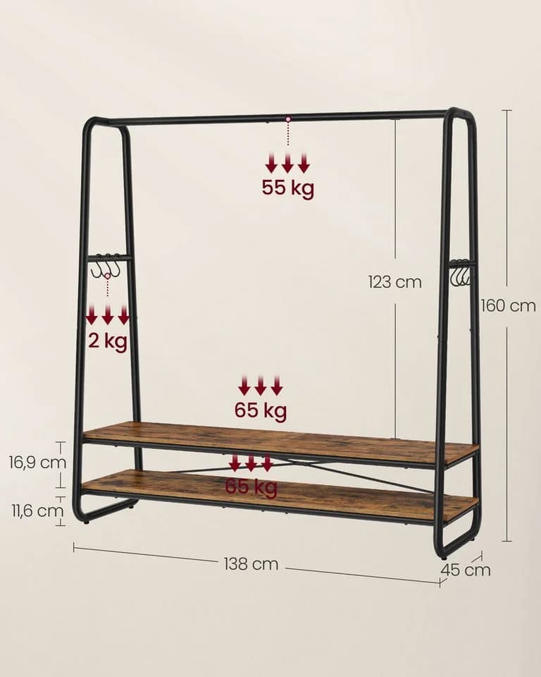VASAGLE Kleiderständer mit 2 Ablagen & 6 Haken - Bild 3