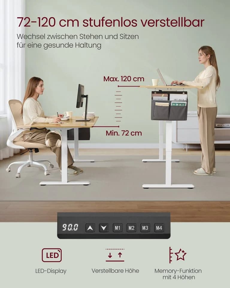 SONGMICS Schreibtisch elektrisch höhenverstellbar 120/140/160/180 cm Memory-Funktion 4 Höhen Organizer - Bild 4
