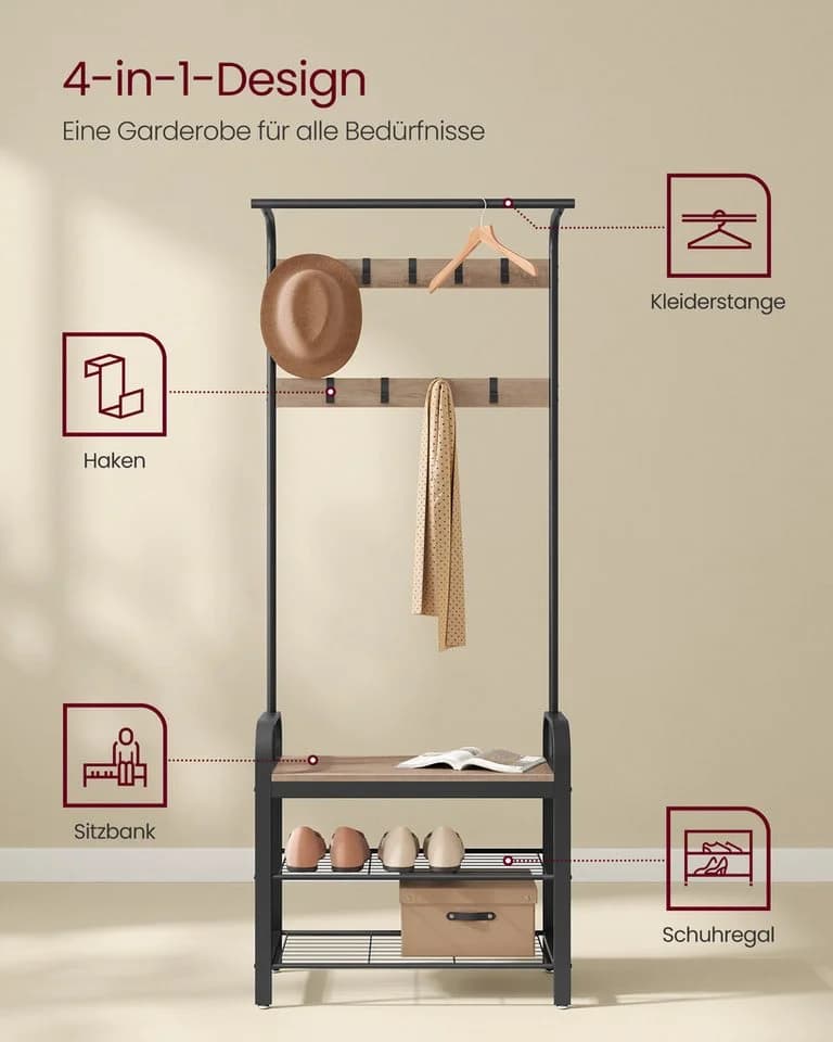 VASAGLE Garderobenständer mit Sitzfläche und 2 Gitterablagen - Bild 4