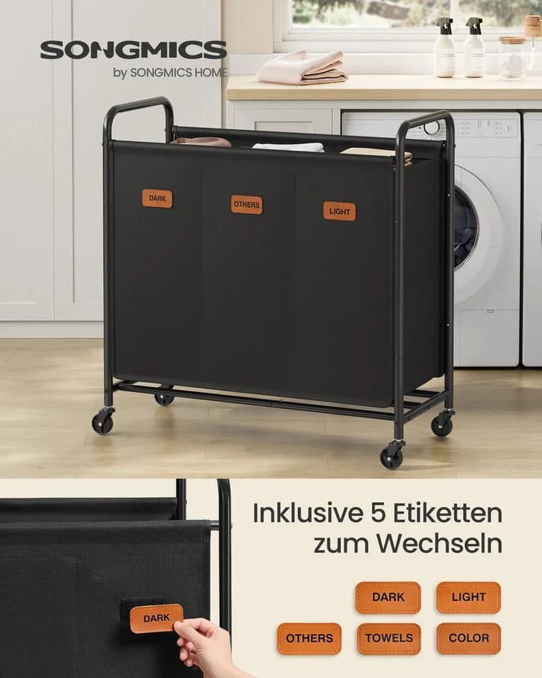 SONGMICS Wäschekorb 3 Fächer 170 L Wäschesortierer