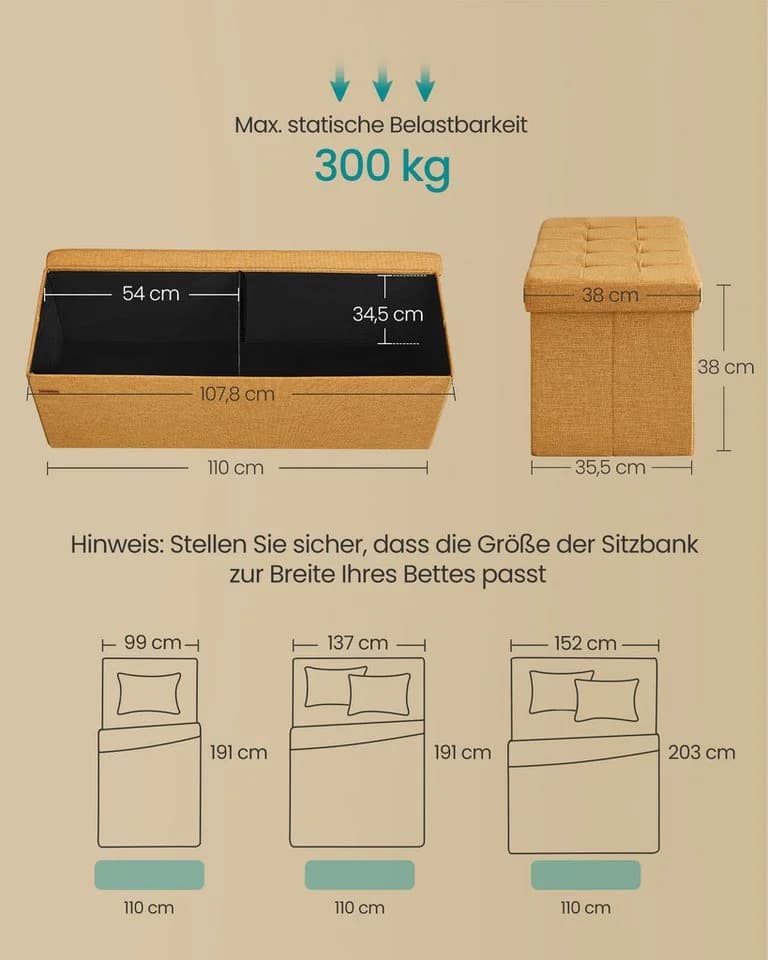SONGMICS Sitzbank 110cm mit Stauraum, klappbare Sitztruhe, Fußbank Ingwergelb - Bild 3