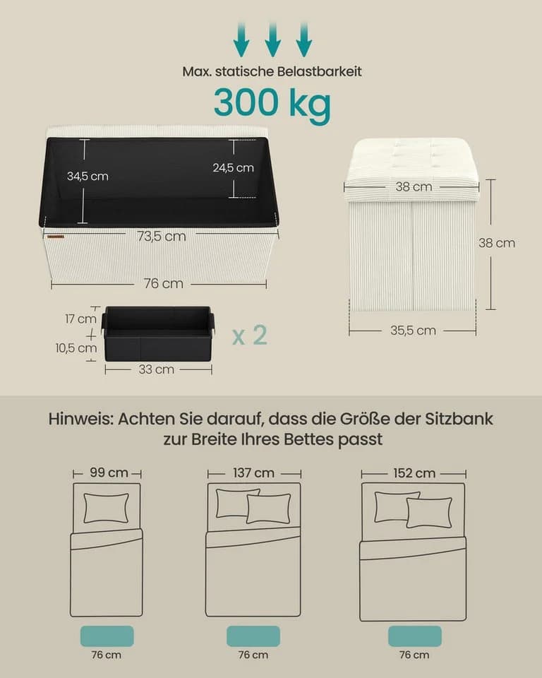 SONGMICS Sitzbank Klappbar Cremeweiß/Pastellrosa 38 x 76 x 38 cm - Bild 3