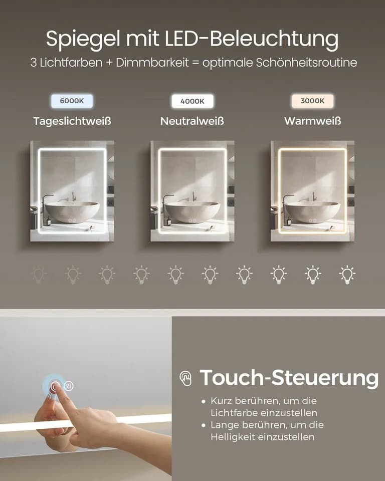 VASAGLE Spiegelschrank mit LED, Vergrößerungsspiegel, Steckdosenleiste - Bild 3