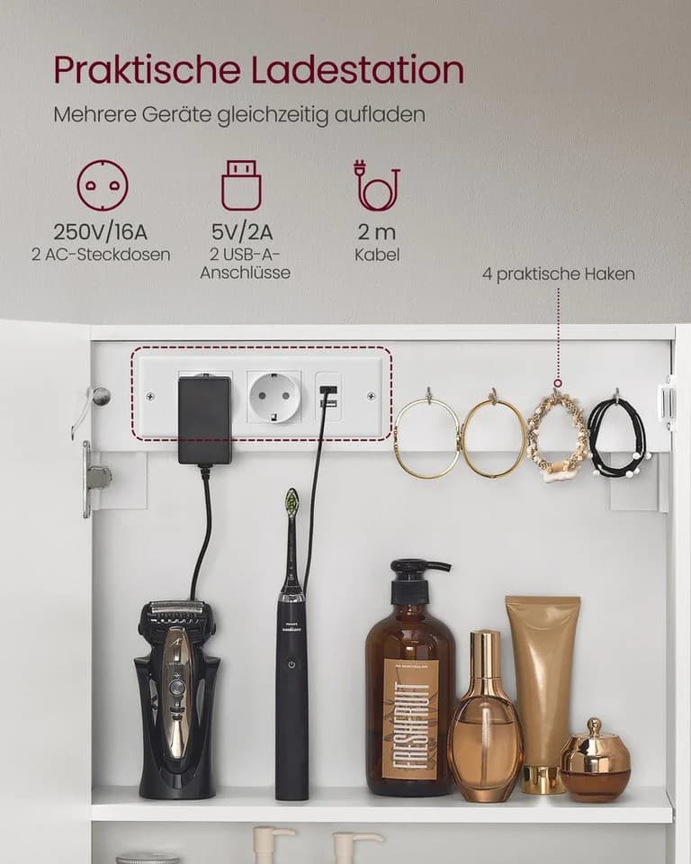 VASAGLE Spiegelschrank mit LED, Vergrößerungsspiegel, Steckdosenleiste - Bild 4