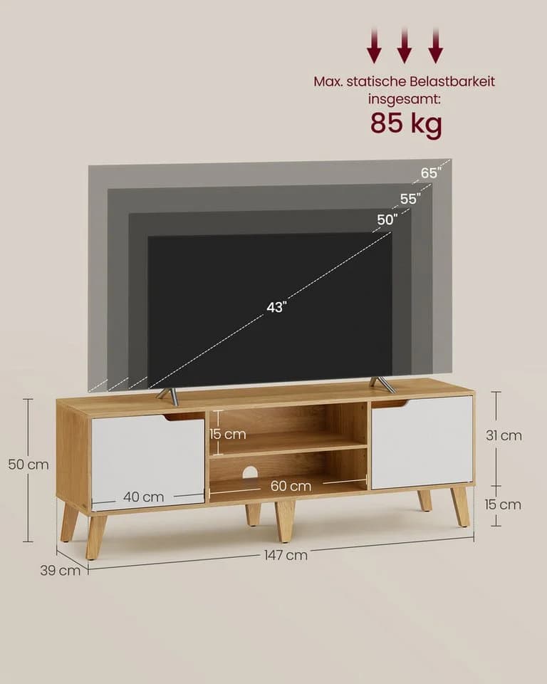 VASAGLE Lowboard 147cm Weiß für Fernseher bis zu 65 Zoll - Bild 4
