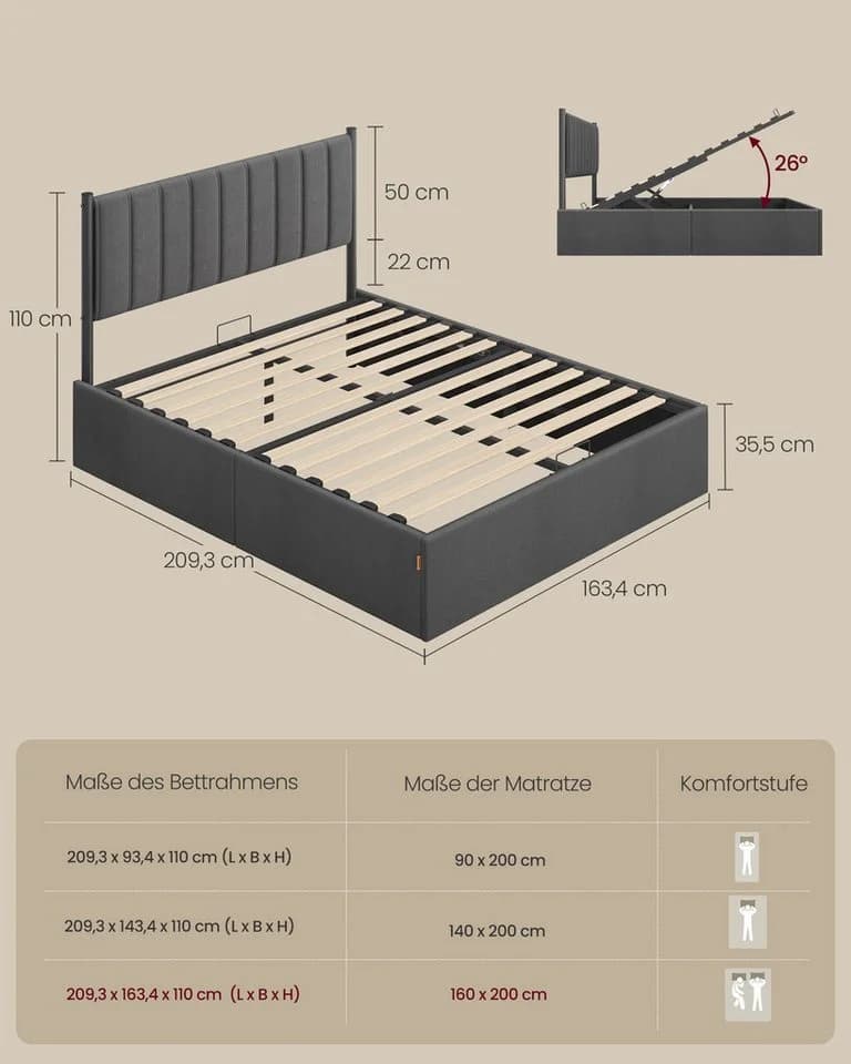 VASAGLE Polsterbett 160x200 cm Hydrauliksystem Hochtragfähig Bettrahmen Klappbar Lattenrost Stauraum - Bild 5