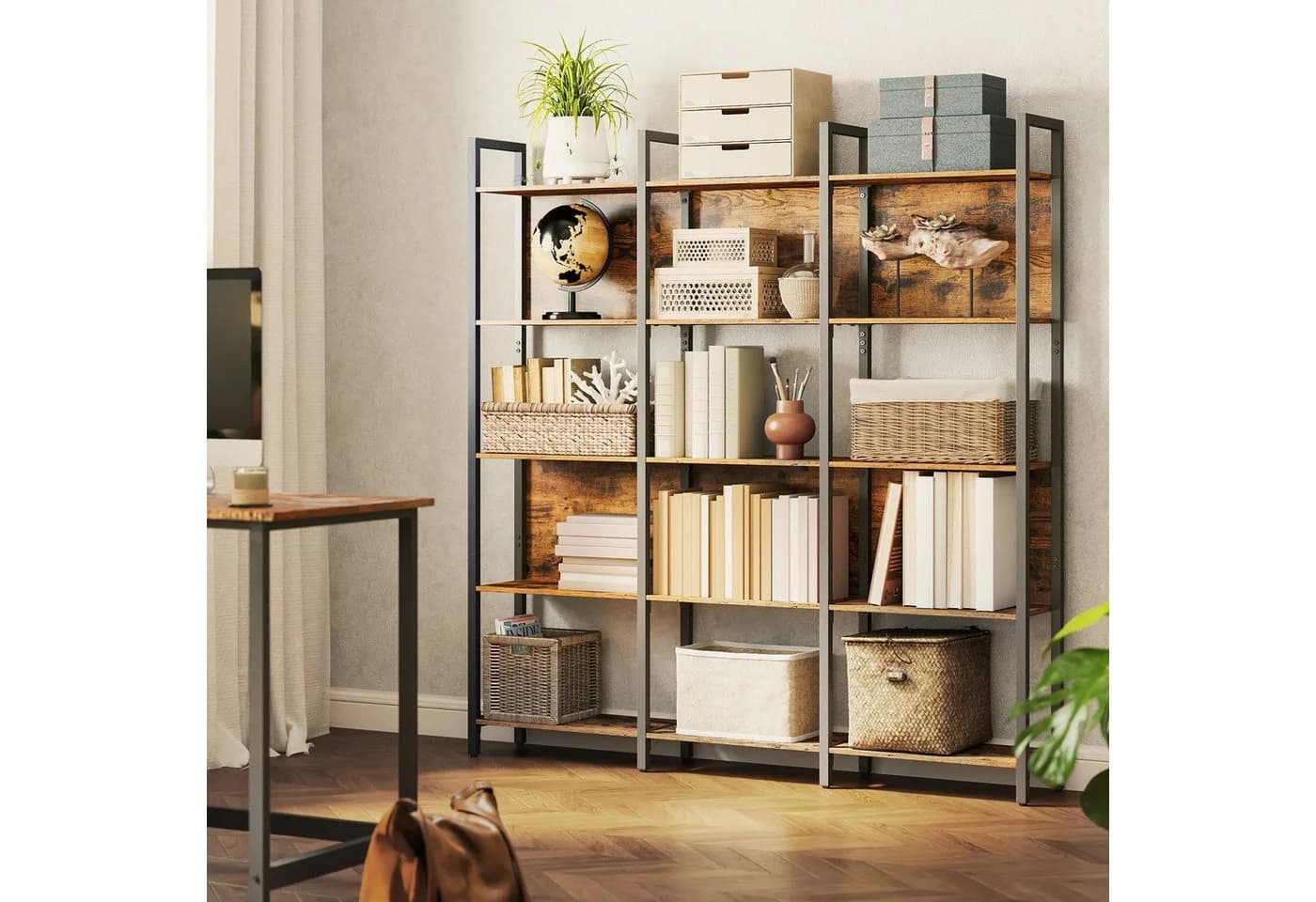 VASAGLE Bücherregal mit Stahlgestell, 5 Ebenen, Industrie-Design Braun-Schwarz