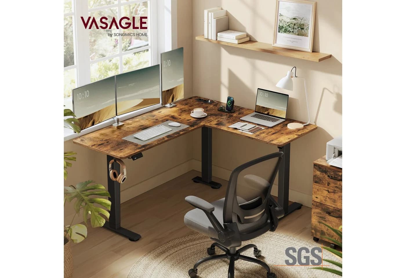 VASAGLE Höhenverstellbarer Schreibtisch L-förmig 160 cm Braun/Schwarz