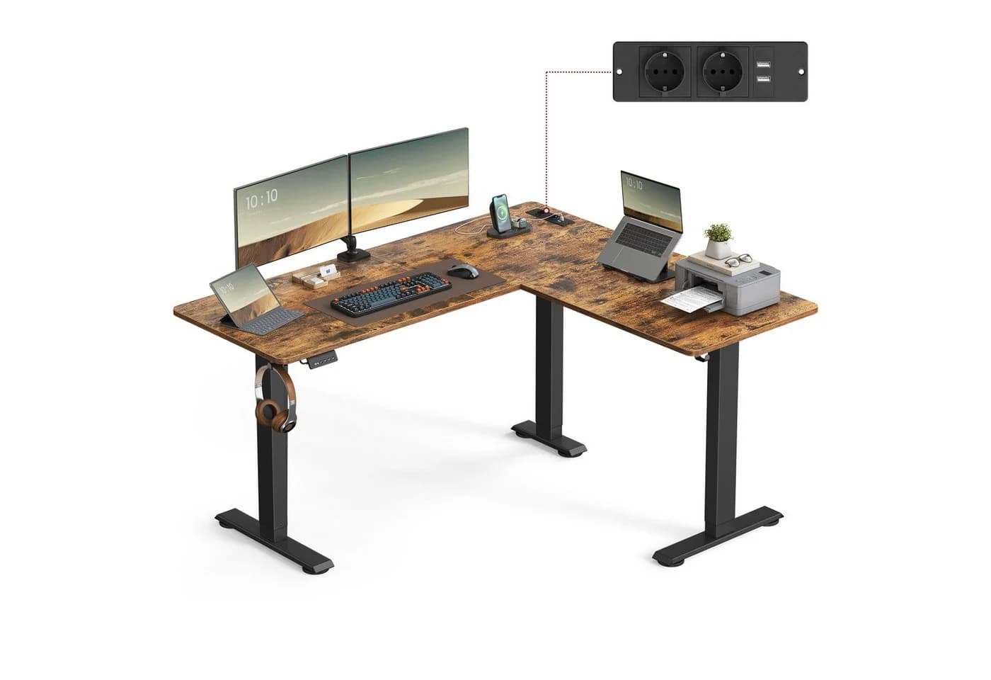 VASAGLE Höhenverstellbarer Schreibtisch L-förmig 160 cm Braun/Schwarz - Bild 2