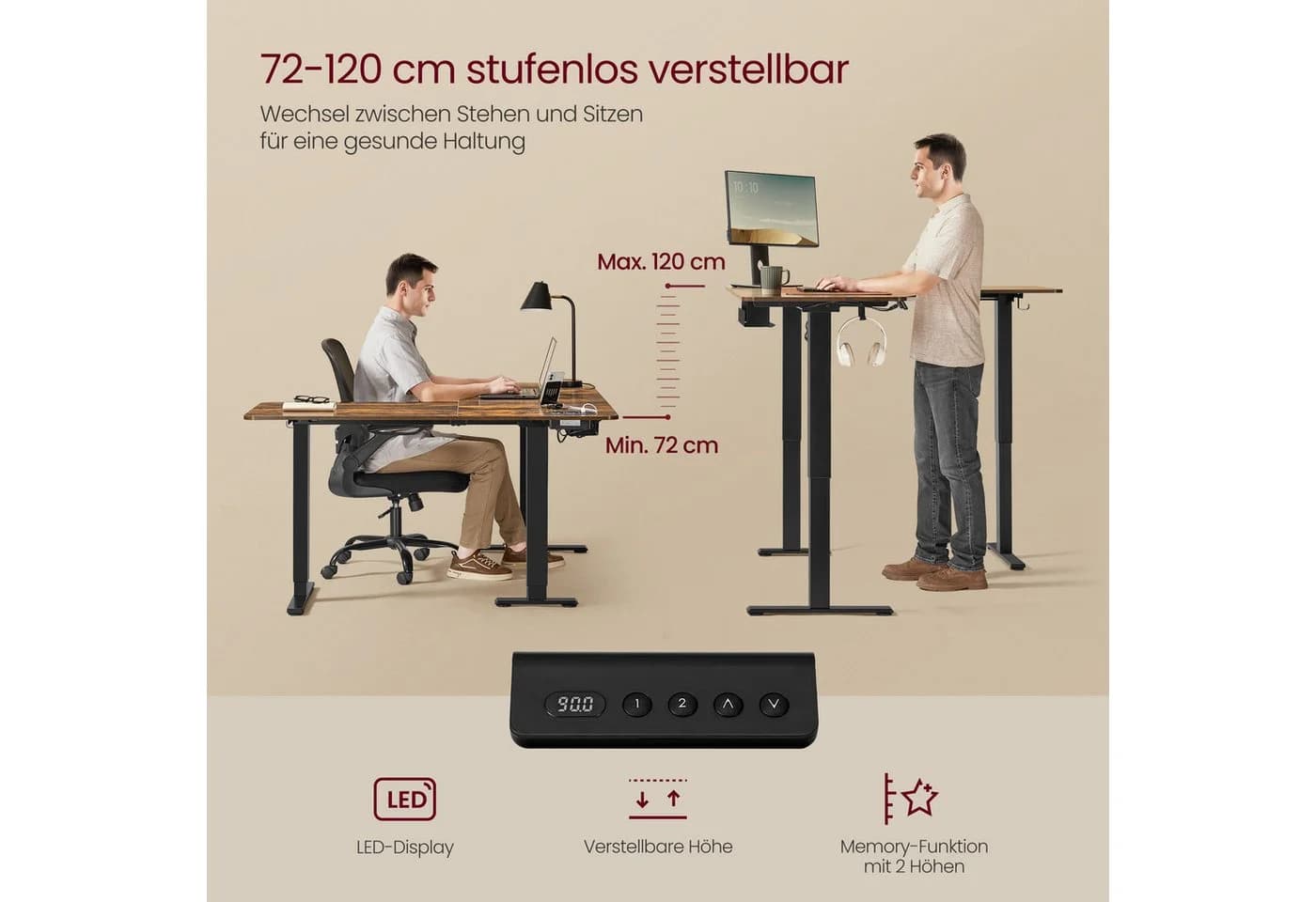VASAGLE Höhenverstellbarer Schreibtisch L-förmig 160 cm Braun/Schwarz - Bild 4