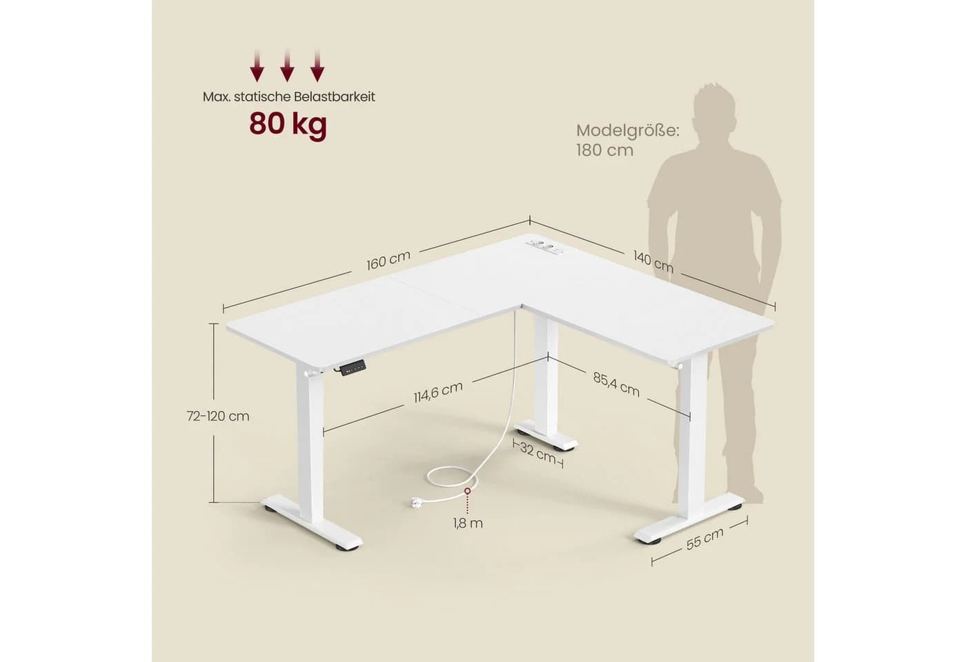 VASAGLE Höhenverstellbarer Schreibtisch L-förmig 160 cm - Bild 3