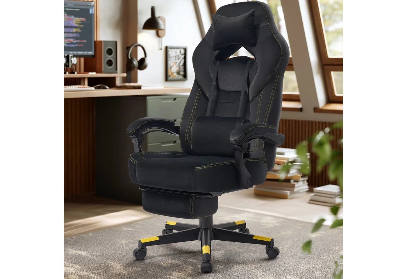 SONGMICS Gaming-Stuhl Schwarz Ergonomisches Design mit Fußstütze