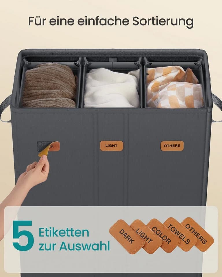 SONGMICS Wäschekorb 3 Fächer 160 L Grau - Bild 4