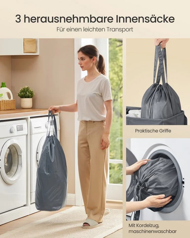 SONGMICS Wäschekorb 3 Fächer 160 L Grau - Bild 5