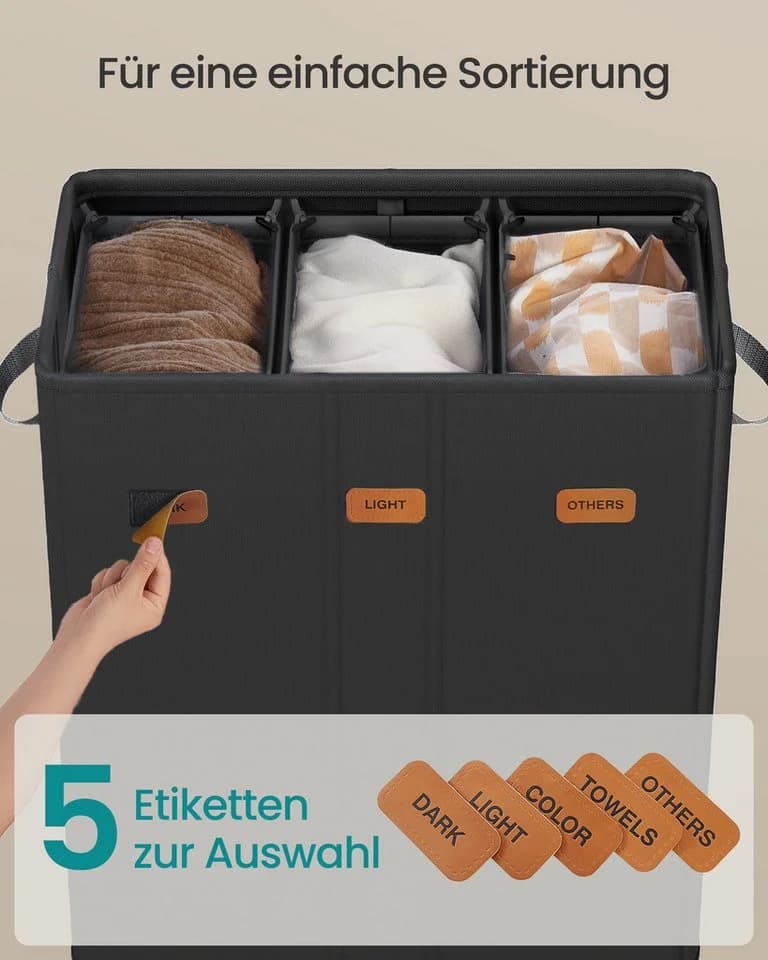 SONGMICS Wäschekorb 3 Fächer 160 L Schwarz - Bild 4