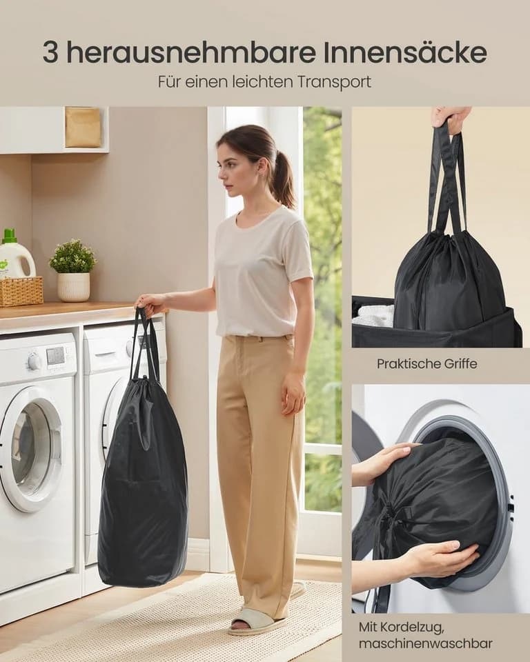 SONGMICS Wäschekorb 3 Fächer 160 L Schwarz - Bild 5