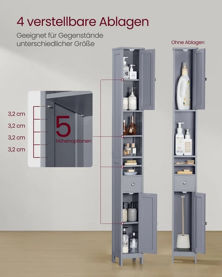 VASAGLE Badschrank Hoch Schmaler Aufbewahrungsschrank Wolkenweiß/Taubengrau - Bild 4