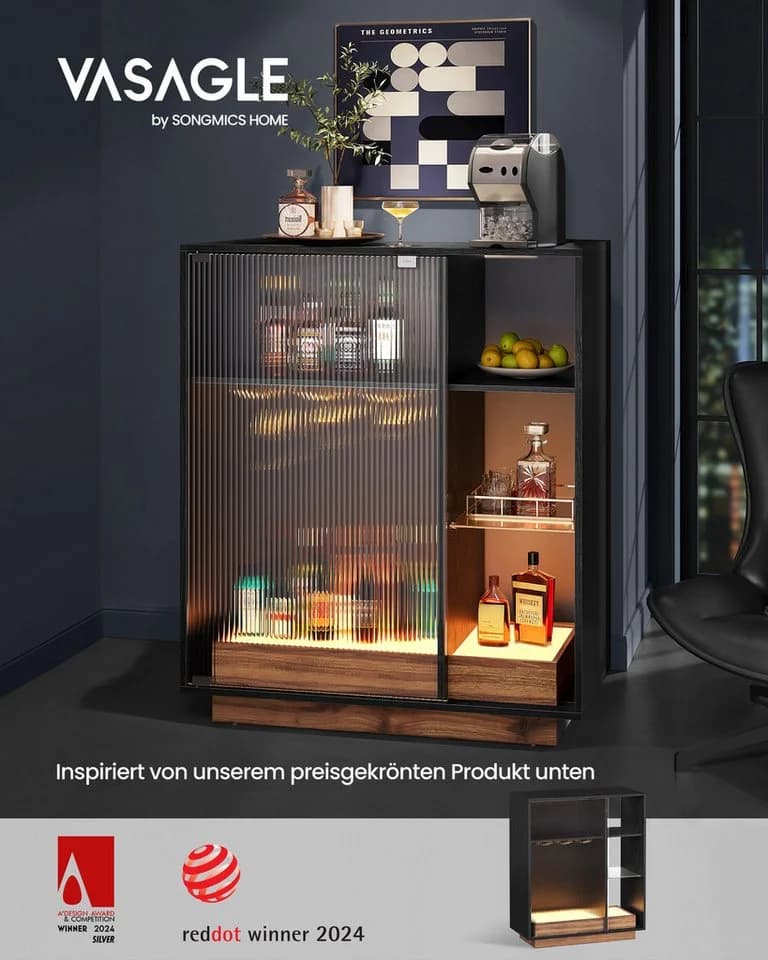 VASAGLE Sideboard Weinschrank mit LED-Beleuchtung Ebenholzschwarz