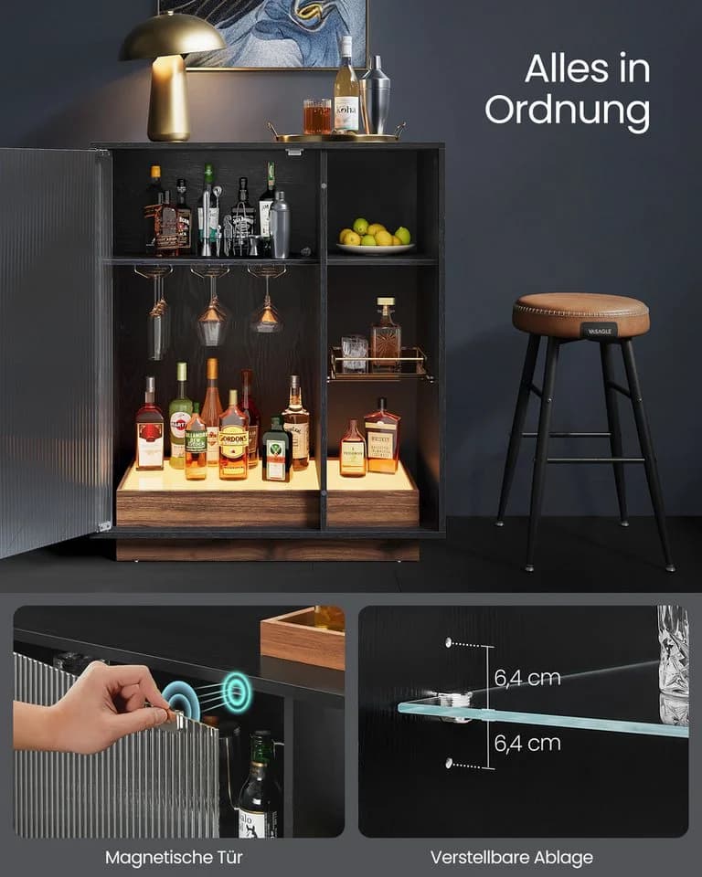 VASAGLE Sideboard Weinschrank mit LED-Beleuchtung Ebenholzschwarz - Bild 4