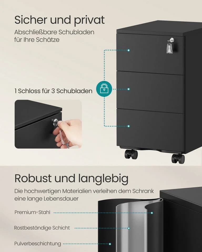 SONGMICS Rollcontainer Schubladenschrank 3/4 Schubladen Mattweiß/Mattschwarz - Bild 4