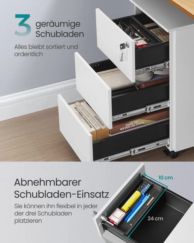 SONGMICS Rollcontainer Schubladenschrank Mattweiß/Mattschwarz mit Rollen - Bild 3