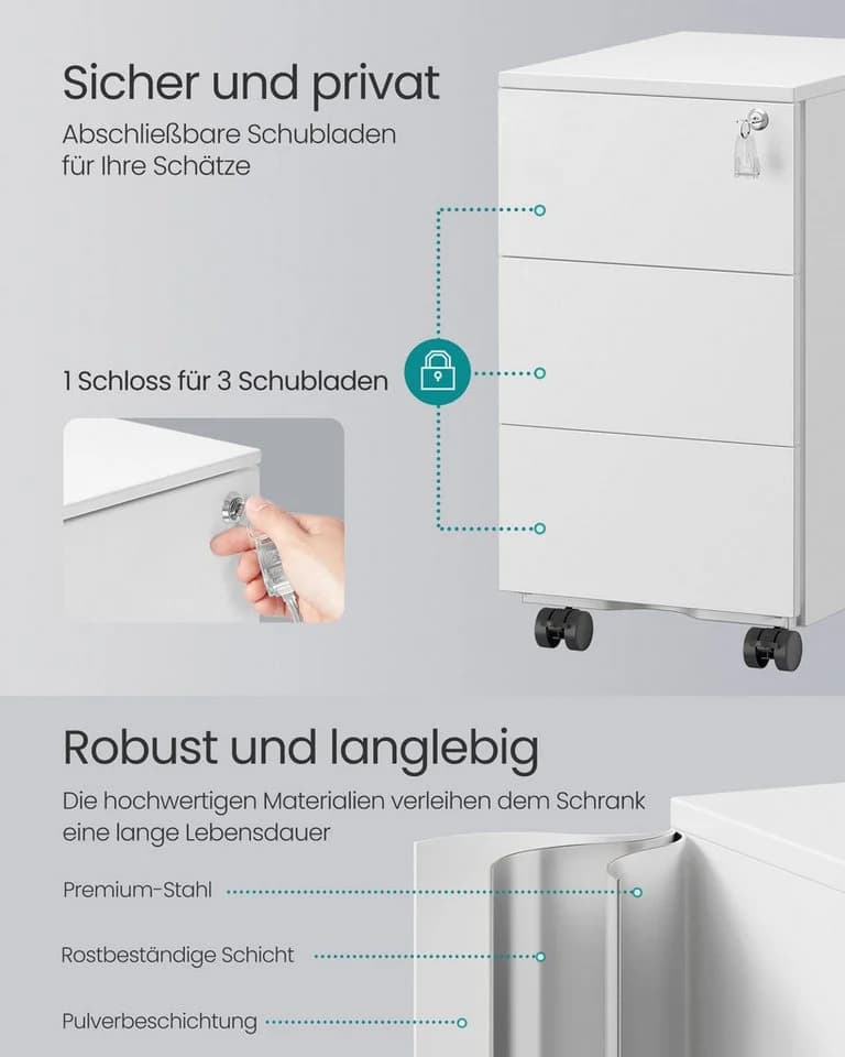 SONGMICS Rollcontainer Schubladenschrank Mattweiß/Mattschwarz mit Rollen - Bild 4