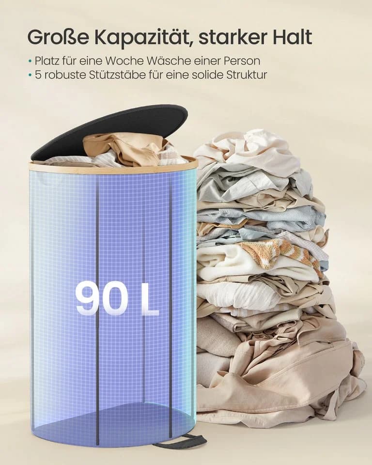 SONGMICS Wäschekorb 90 Liter Schwarz-Beige - Bild 3