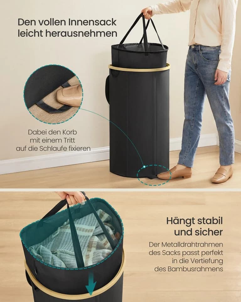 SONGMICS Wäschekorb 90 Liter Schwarz-Beige - Bild 4
