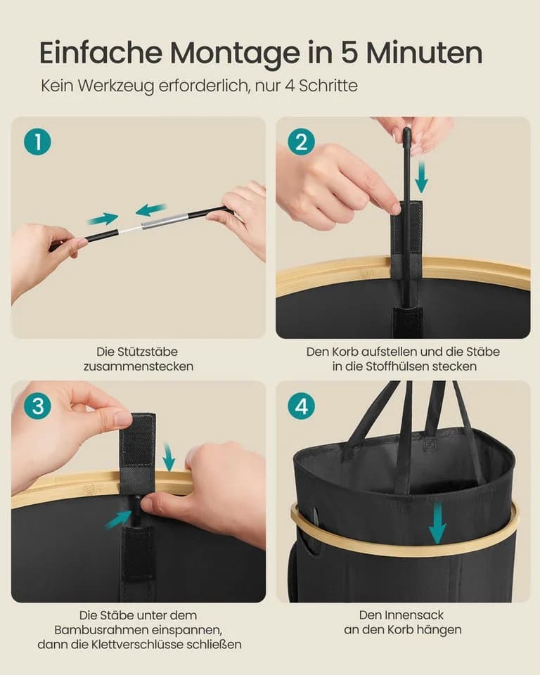 SONGMICS Wäschekorb 90 Liter Schwarz-Beige - Bild 5