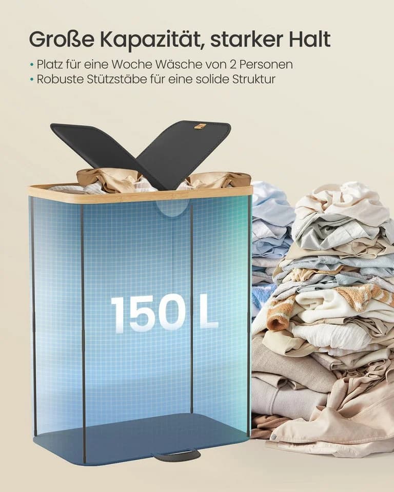 SONGMICS Wäschekorb 150 Liter 2 Fächer Deckel Schwarz-Beige - Bild 3