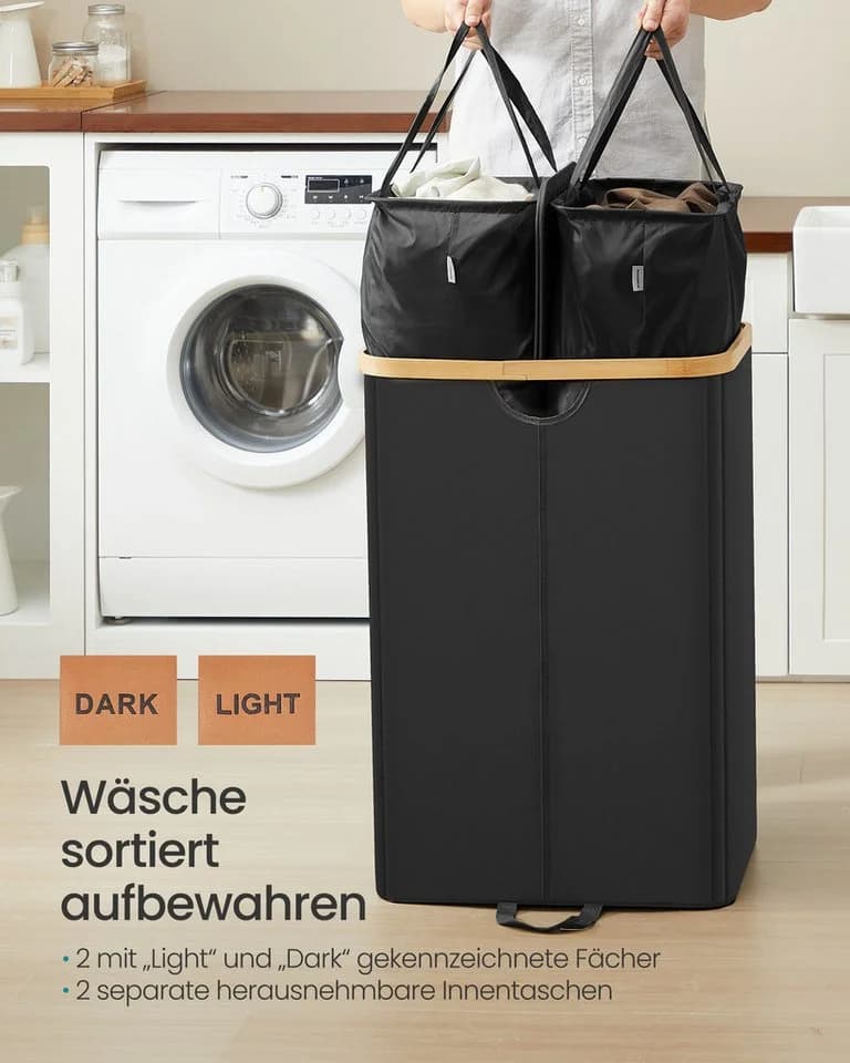 SONGMICS Wäschekorb 150 Liter 2 Fächer Deckel Schwarz-Beige - Bild 4