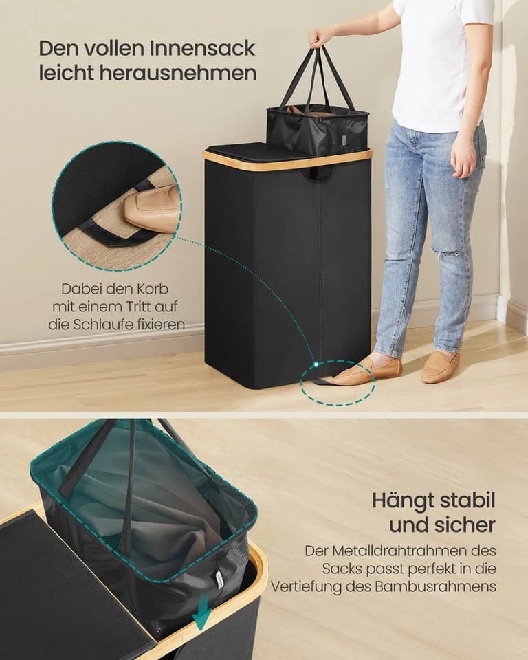 SONGMICS Wäschekorb 150 Liter 2 Fächer Deckel Schwarz-Beige - Bild 5