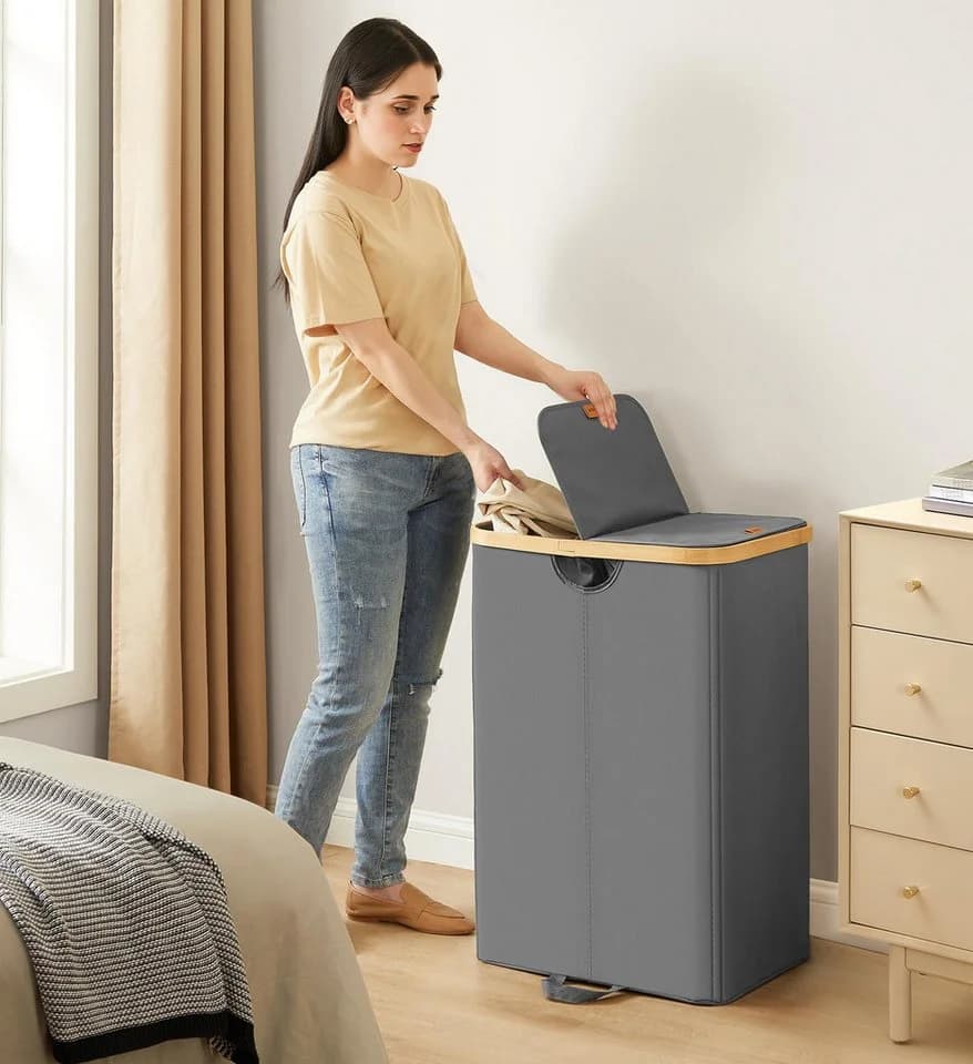 SONGMICS Wäschekorb 150 Liter 2 Fächer Grau-Beige