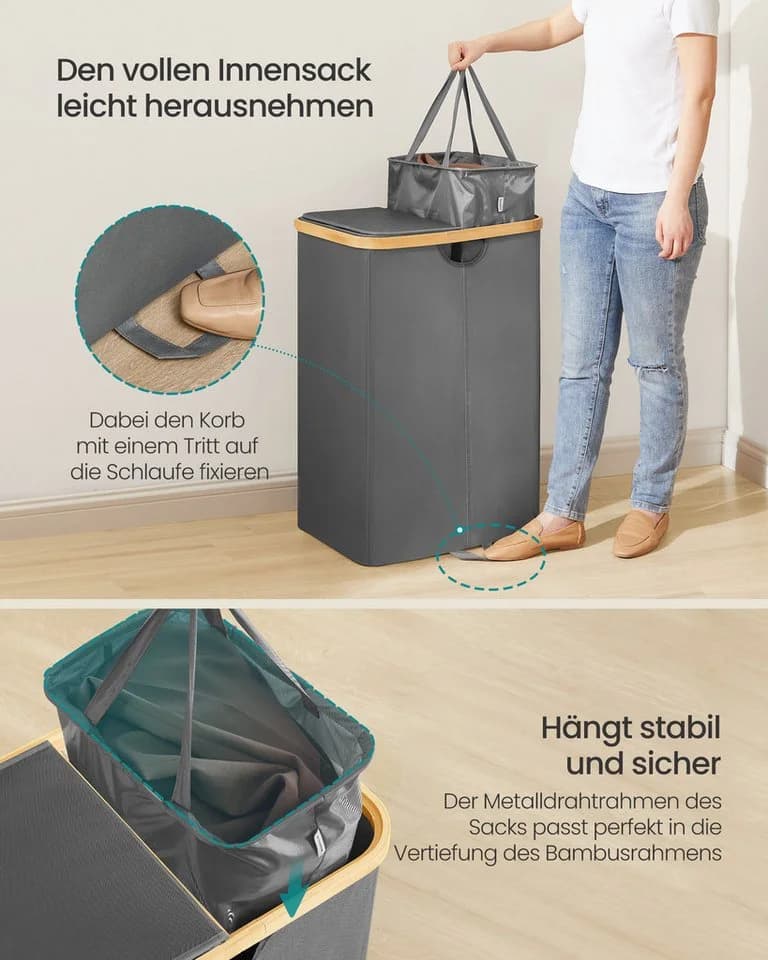 SONGMICS Wäschekorb 150 Liter 2 Fächer Grau-Beige - Bild 5