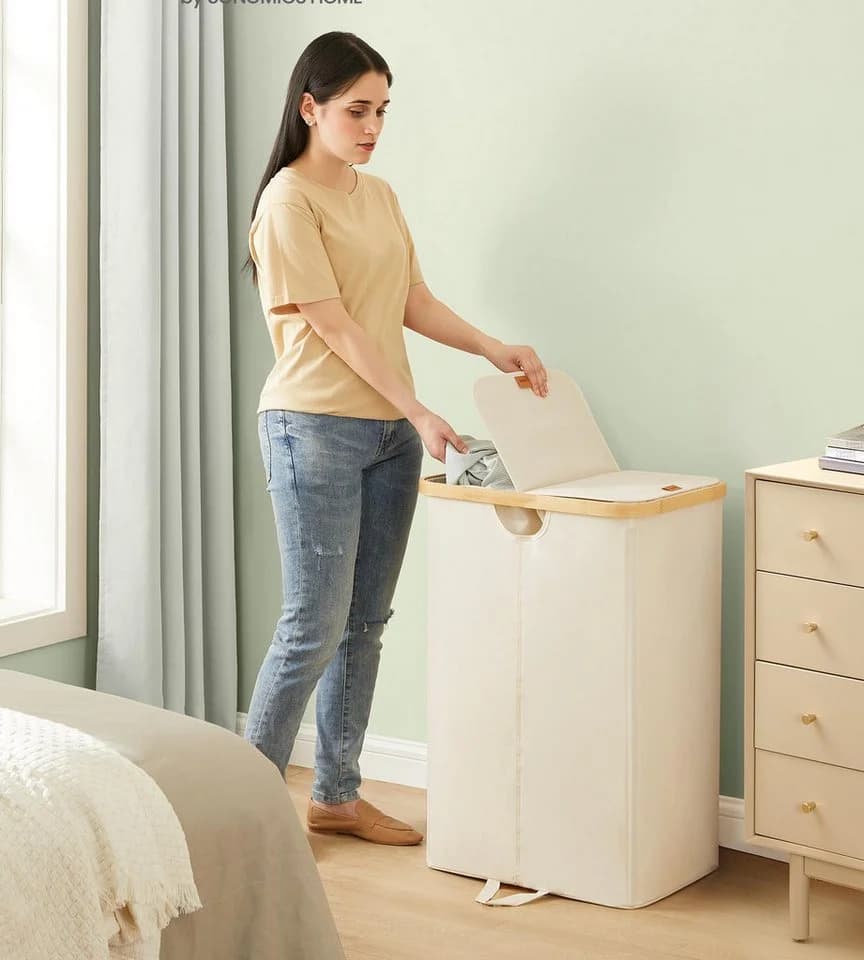 SONGMICS Wäschekorb 2 Fächer 150 Liter Weiß-Beige