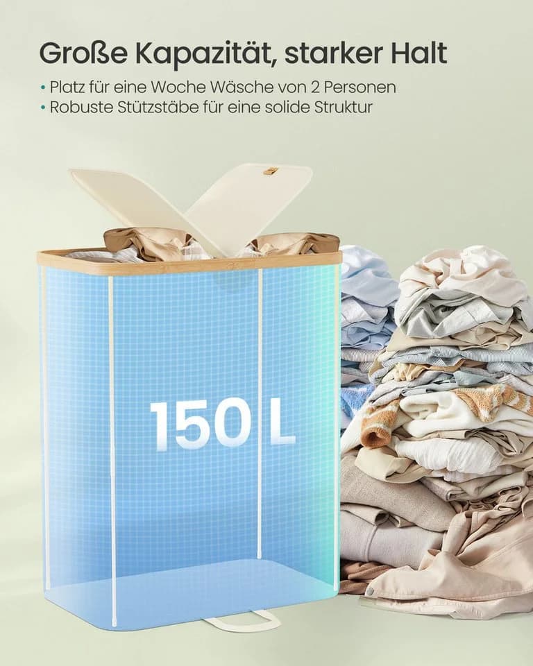 SONGMICS Wäschekorb 2 Fächer 150 Liter Weiß-Beige - Bild 3