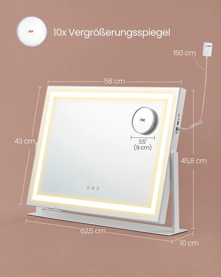 SONGMICS Schminkspiegel Kosmetikspiegel Weiß LED-Licht USB-A USB-C - Bild 5