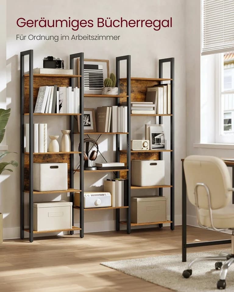 VASAGLE Bücherregal 14 Ablagen Metallrahmen Wohnzimmer Braun