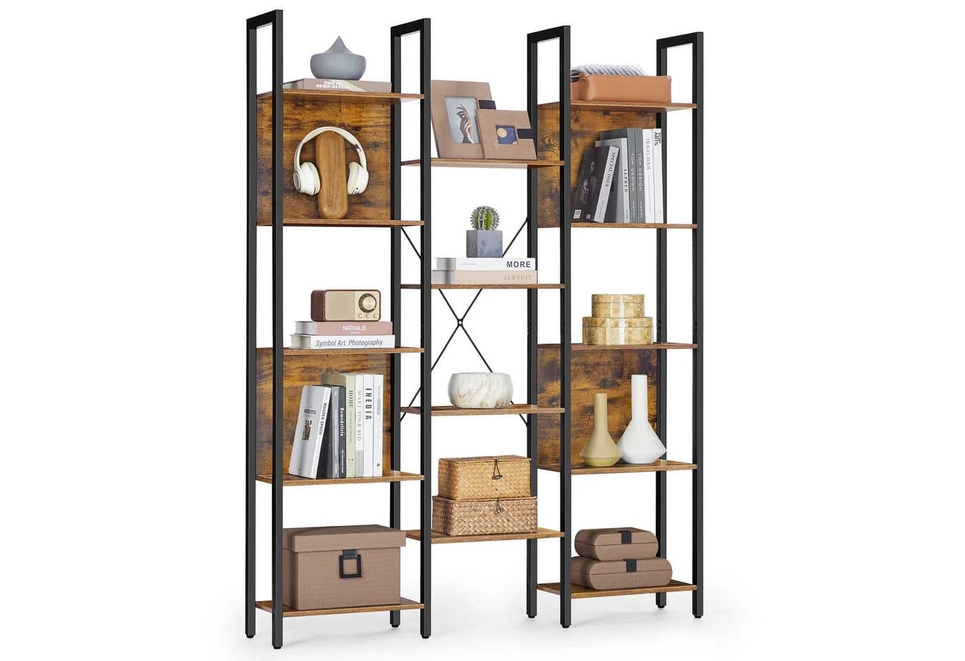 VASAGLE Bücherregal 14 Ablagen Metallrahmen Wohnzimmer Braun - Bild 2