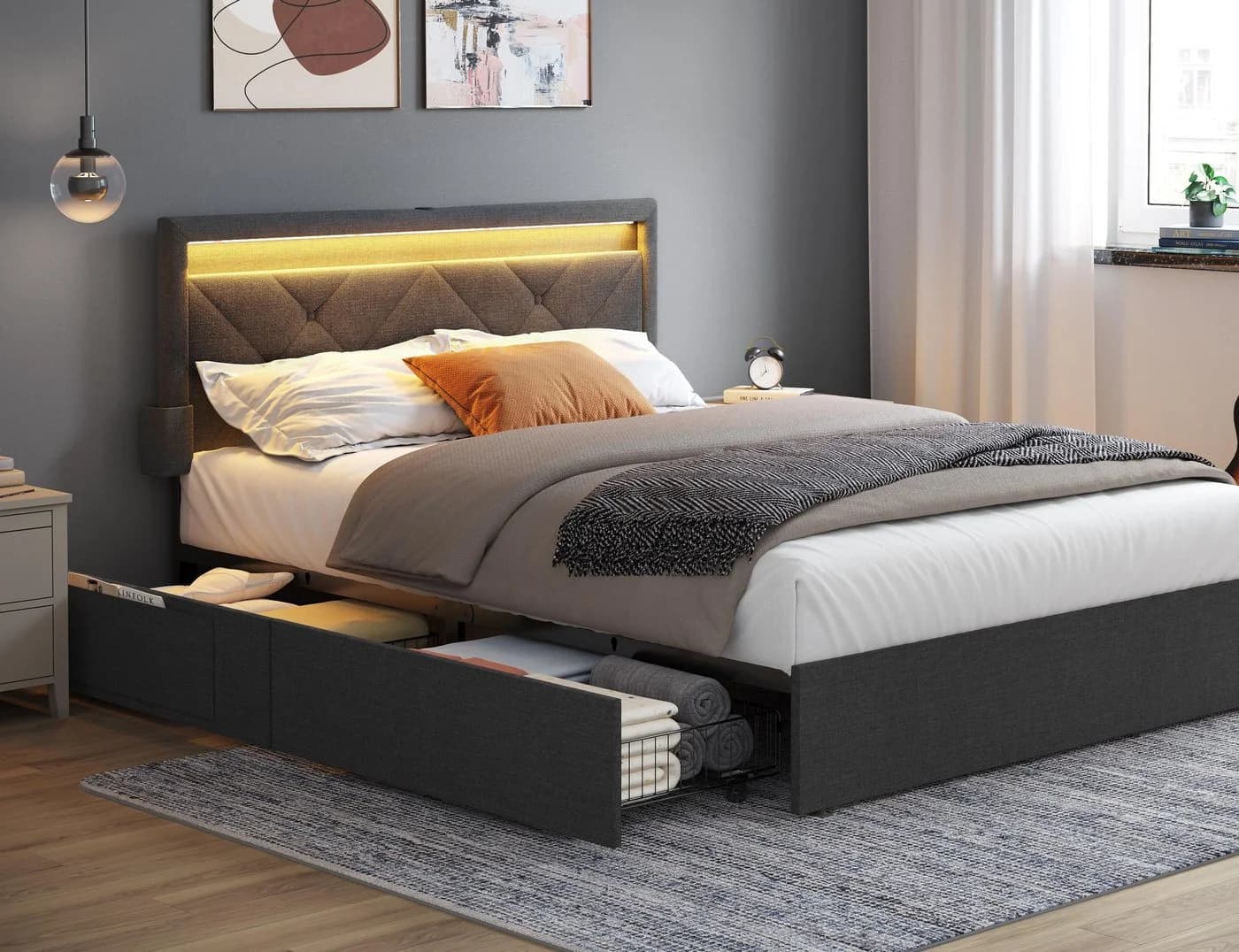 VASAGLE Polsterbett 140 x 200 cm LED Ladestation 4 Schubladen - Bild 2