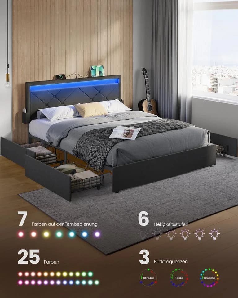 VASAGLE Polsterbett 140 x 200 cm LED Ladestation 4 Schubladen - Bild 3