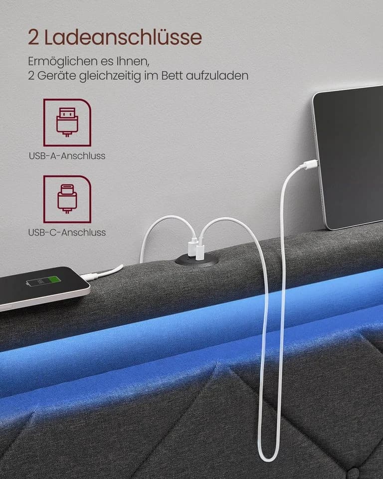 VASAGLE Polsterbett 140 x 200 cm LED Ladestation 4 Schubladen - Bild 4