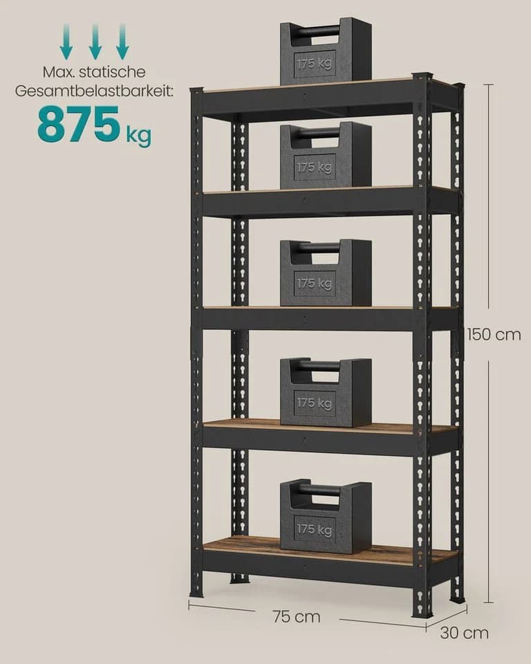 SONGMICS Standregal Schwerlastregal 5 Ablagen 875 kg 30x75x150 cm - Bild 5