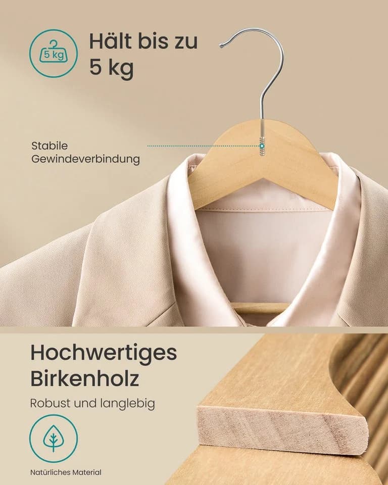SONGMICS Kleiderbügel 30-tlg. Birkenholz 0,8 cm dünn 360° drehbarer Haken - Bild 3