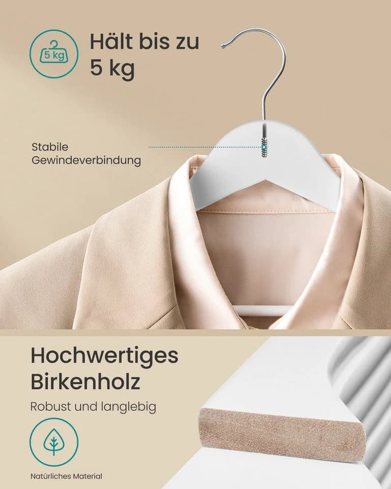 SONGMICS Kleiderbügel 30-tlg. Holzbügel 0,8 cm dünn 360° drehbar Birkenholz - Bild 3