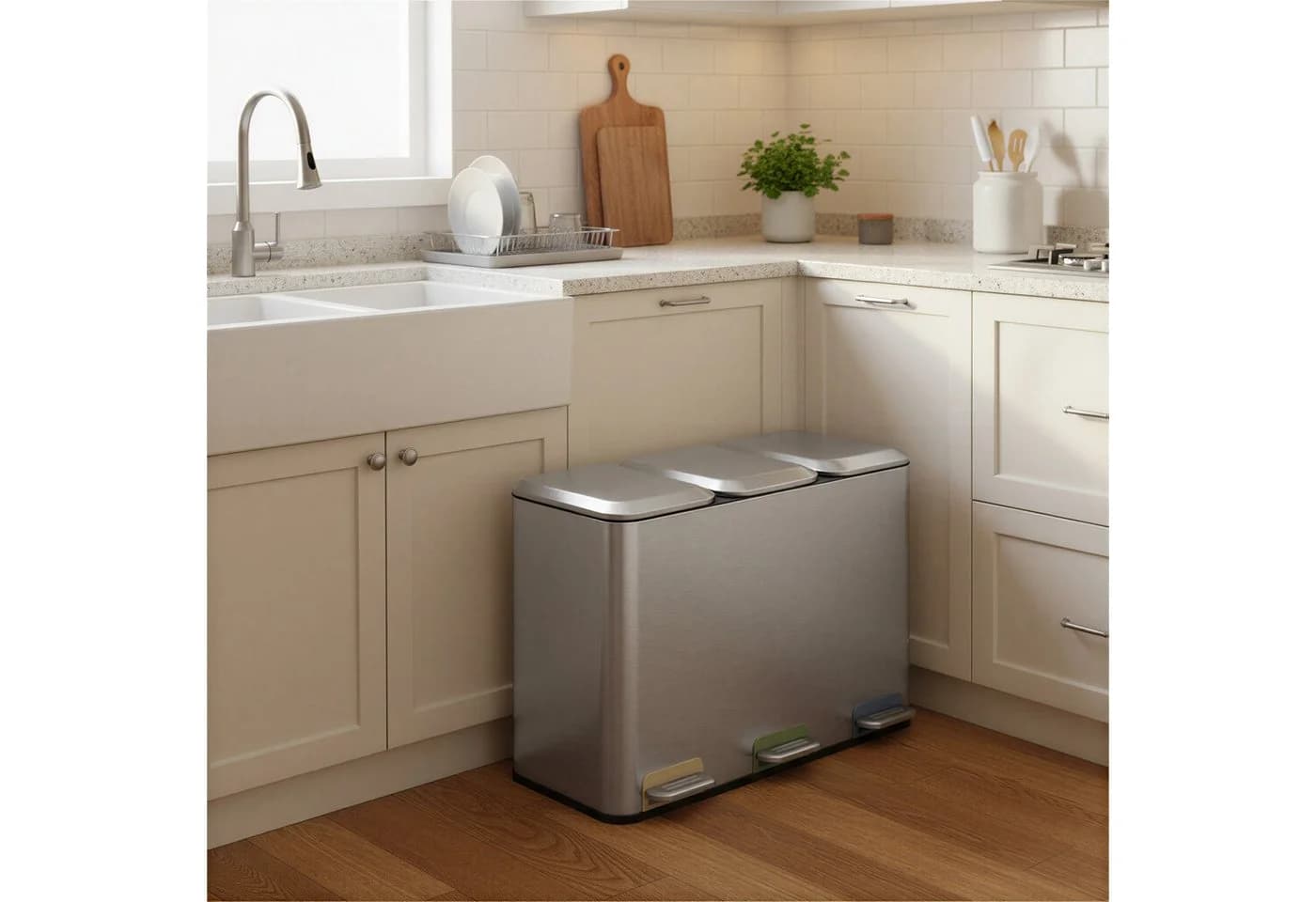 SONGMICS Mülltrennsystem Mülleimer Küche 3x15L Stahl Silber