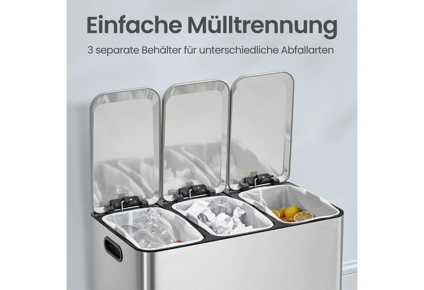 SONGMICS Mülltrennsystem Mülleimer Küche 3x15L Stahl Silber - Bild 4