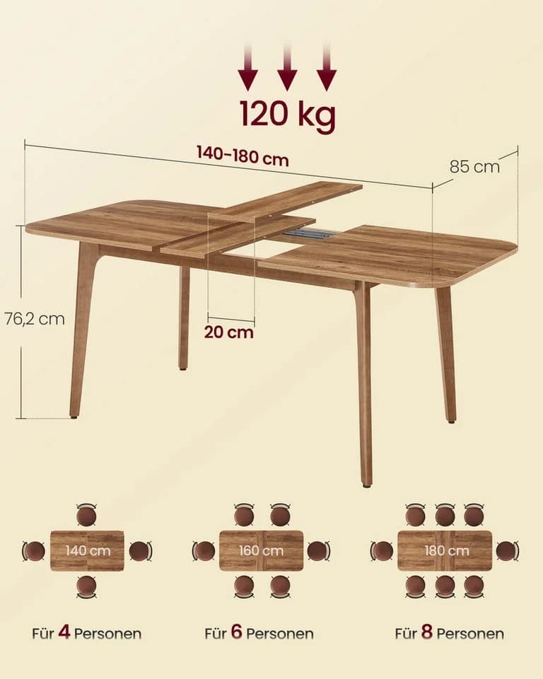 VASAGLE Esstisch mit ausziehbarer Tischplatte 180 cm Landhausstil Braun - Bild 5