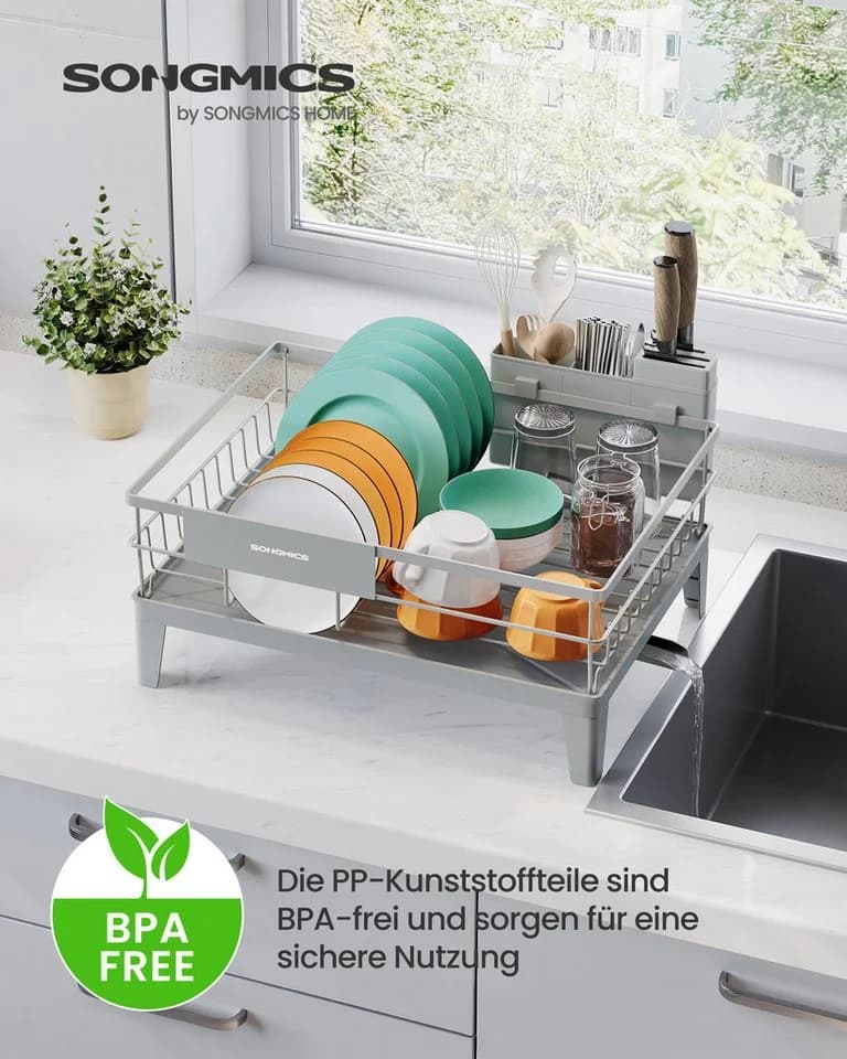 SONGMICS Geschirrständer Abtropfgestell Grau Schwarz 360° Drehbar