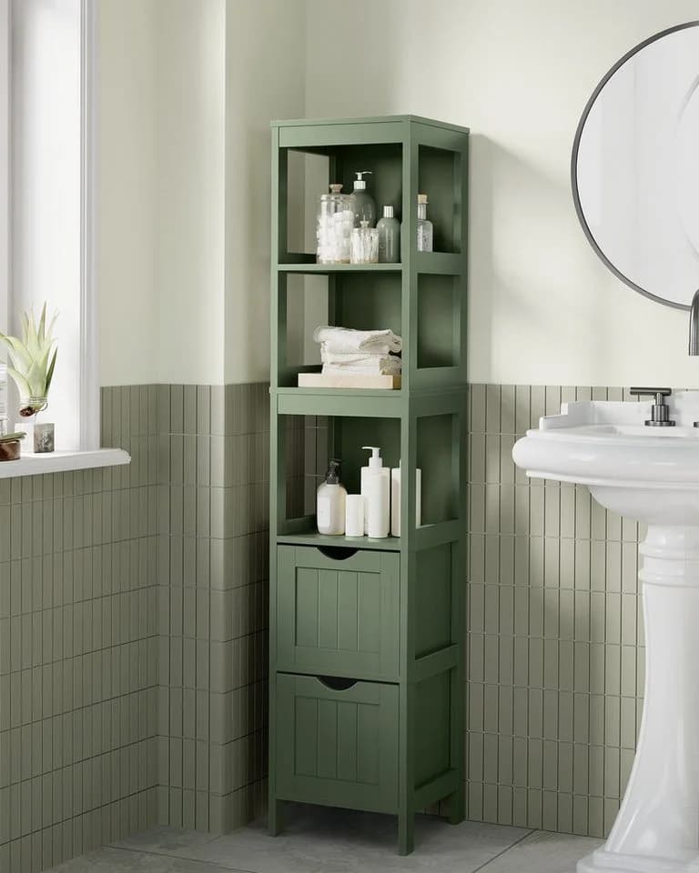 VASAGLE Badezimmerschrank Hochschrank Waldgrün 2 Schubladen 3 Fächer - Bild 3